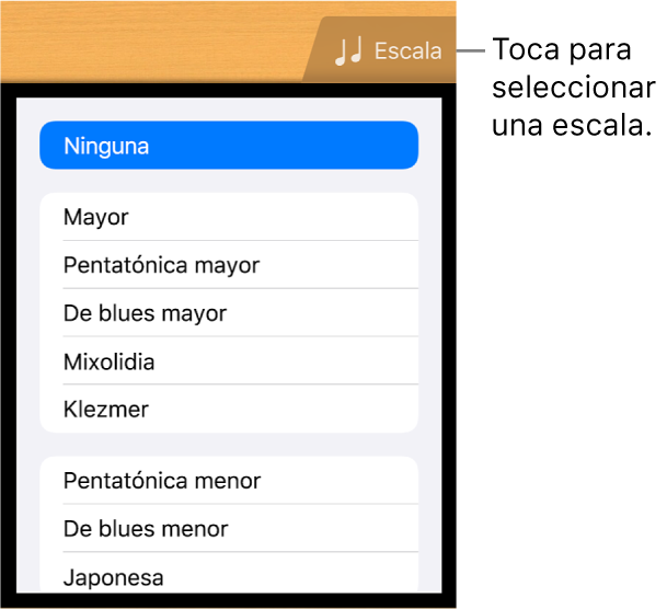 Botón "Escala de Guitarra" y lista Escalas