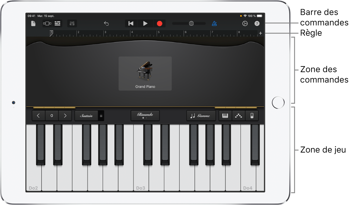 Instrument tactile avec les zones de commandes et de jeu