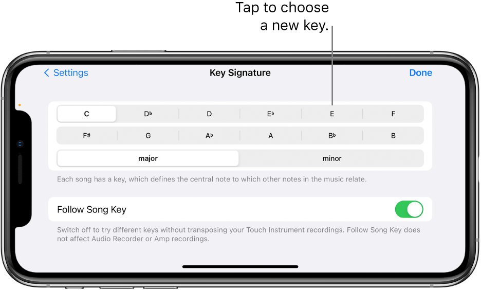 Key controls in Song settings