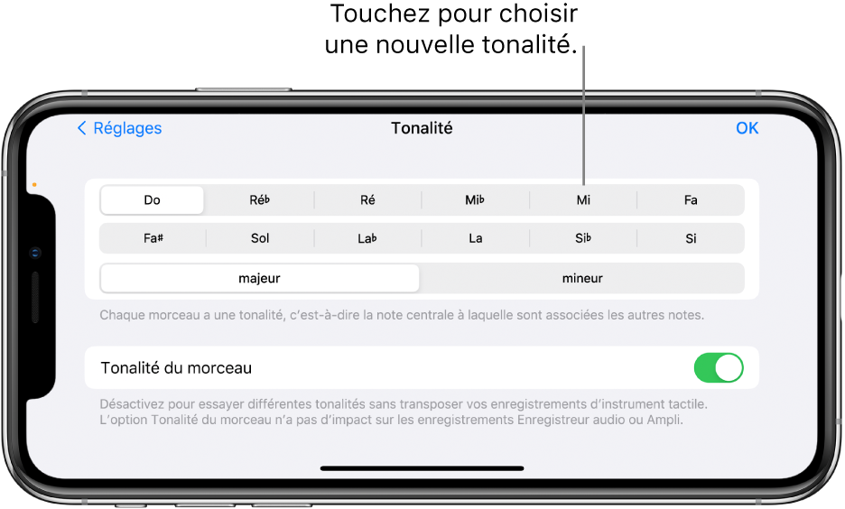 Réglages de tonalité dans les réglages du morceau