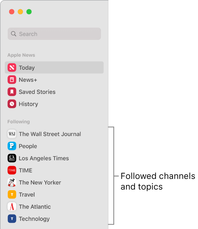 The Apple News sidebar showing followed channels and topics.