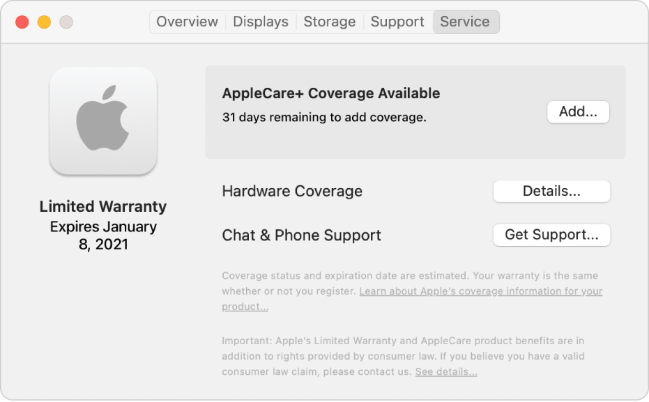 The Service pane in System Information. The pane shows the Mac is covered under Limited Warranty and is eligible for AppleCare+. The Add, Details, and Get Support buttons are on the right.