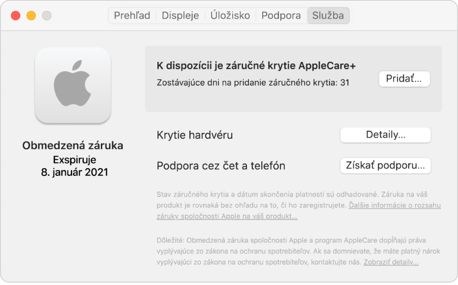 Panel Servis v časti Informácie o systéme. Panel ukazuje, že Mac je krytý obmedzenou zárukou, a že má nárok na AppleCare+. Tlačidlá Pridať, Detaily a Získať podporu sa nachádzajú na pravej strane.