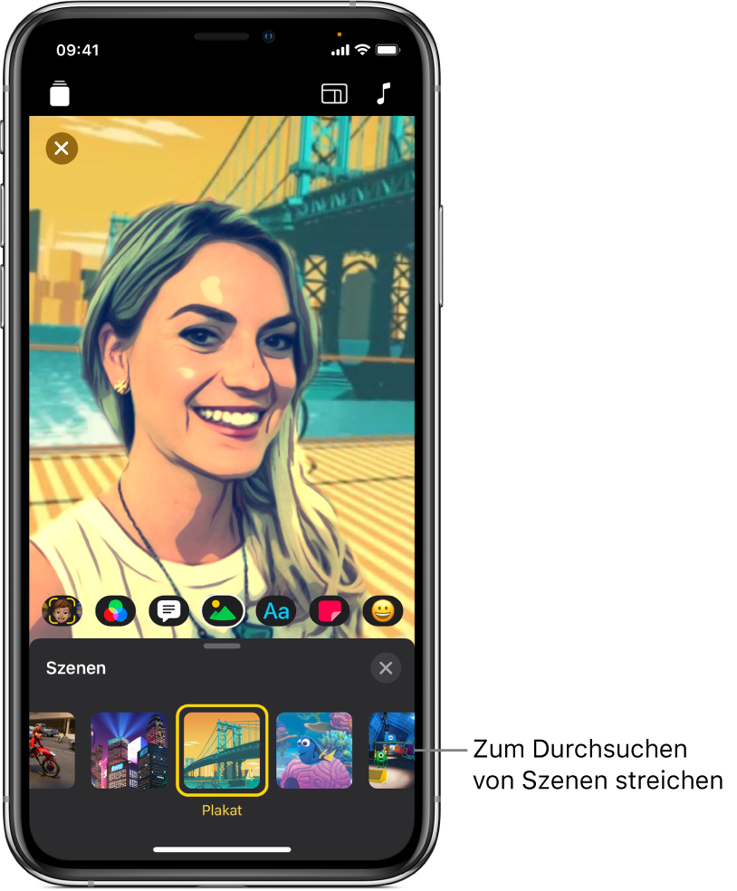 Eine Selfie-Szene im Viewer mit unten angezeigten Szenenoptionen.