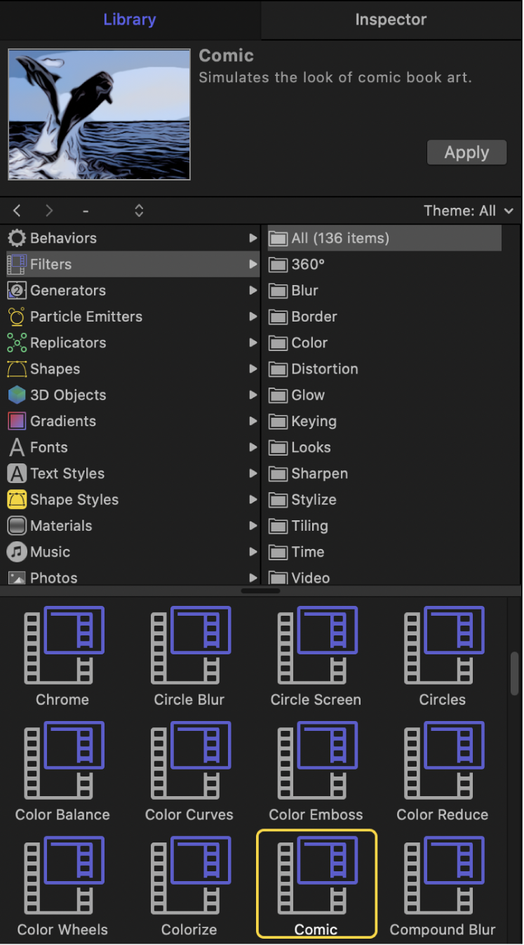 Library showing Filters categories