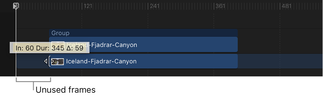 Timeline showing an object being trimmed, revealing unused frames