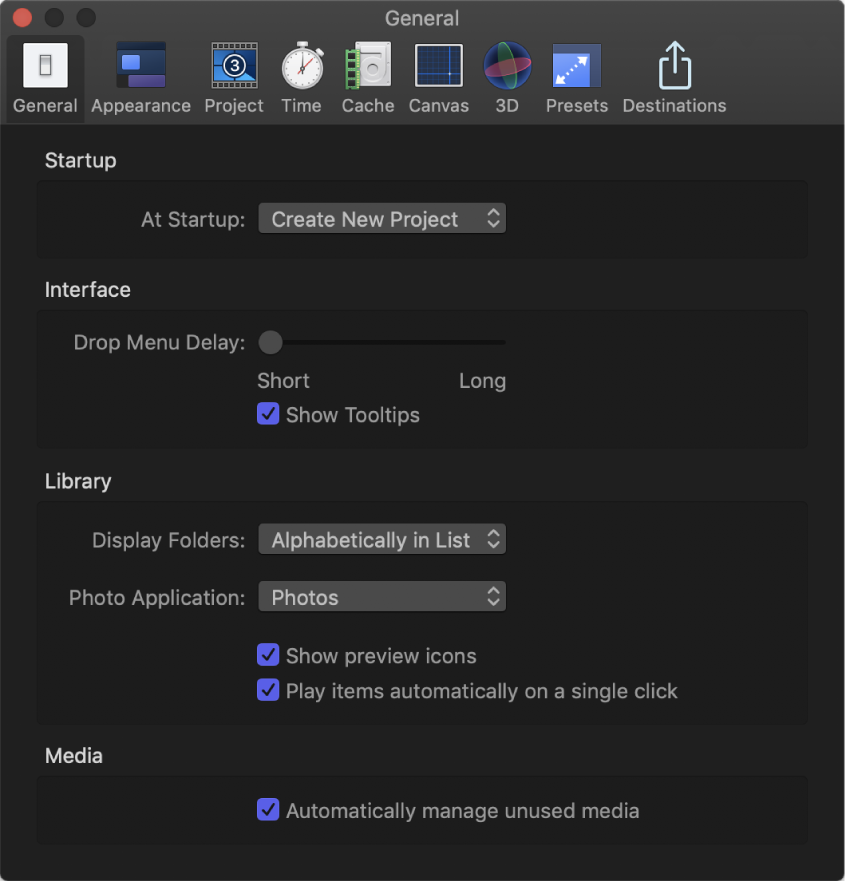 Motion Preferences window showing General pane