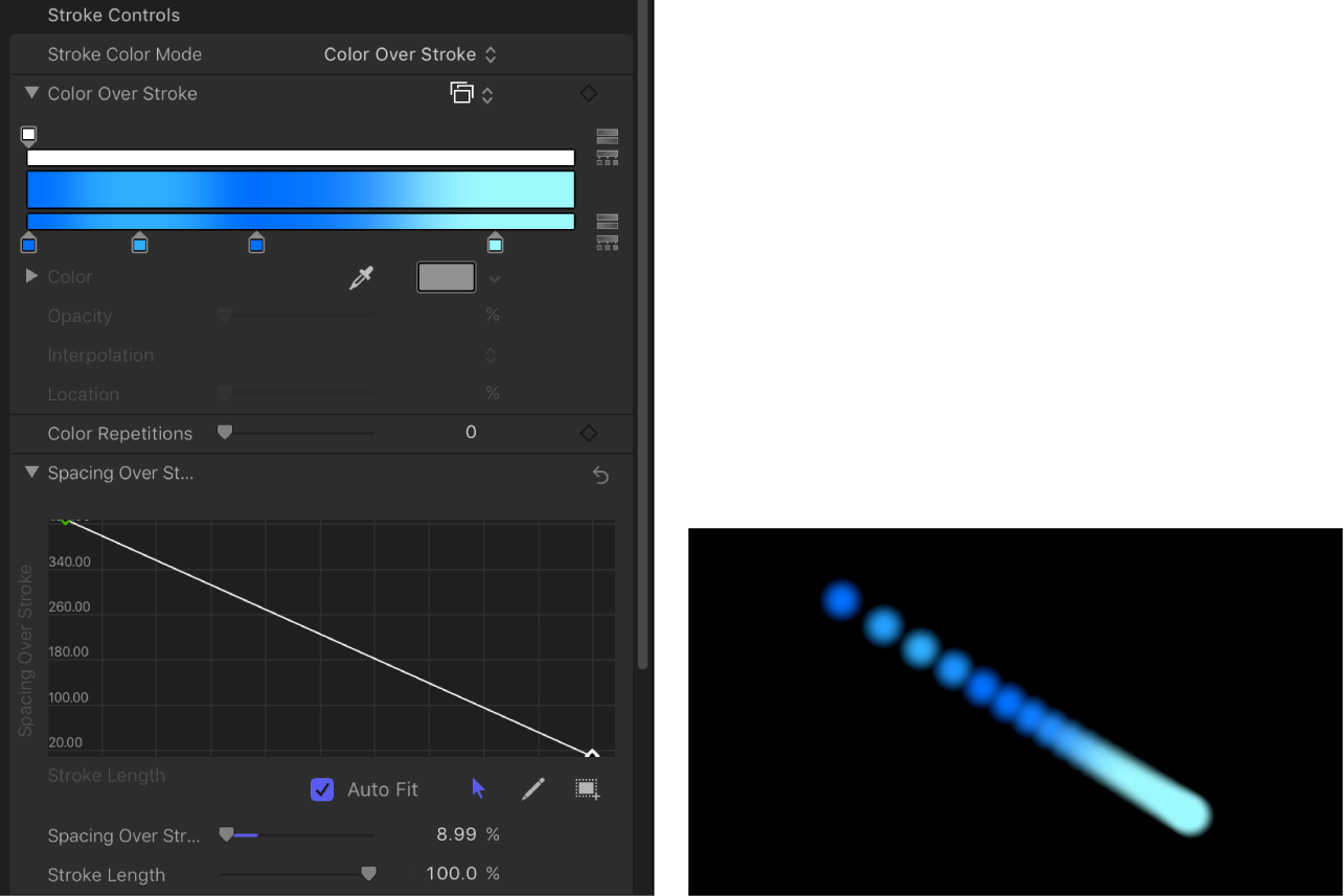 Canvas and Stroke pane showing Spacing Over Stroke mini-curve editor displaying decreasing value