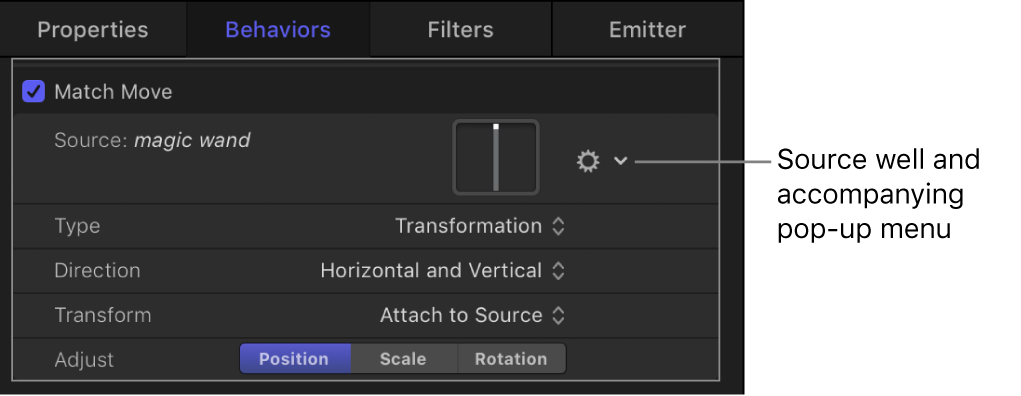 Inspector showing Match Move behavior settings