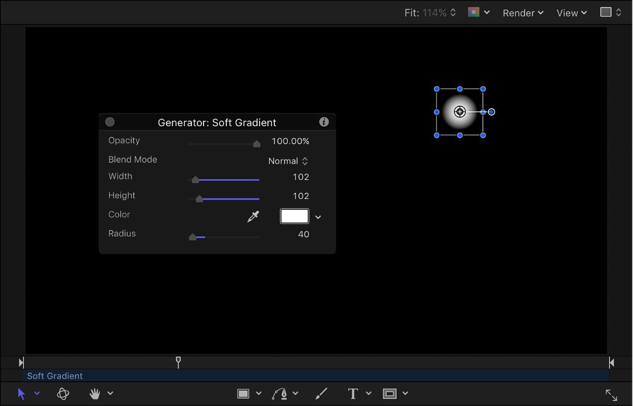 Canvas and HUD showing Soft Gradient generator scaled down