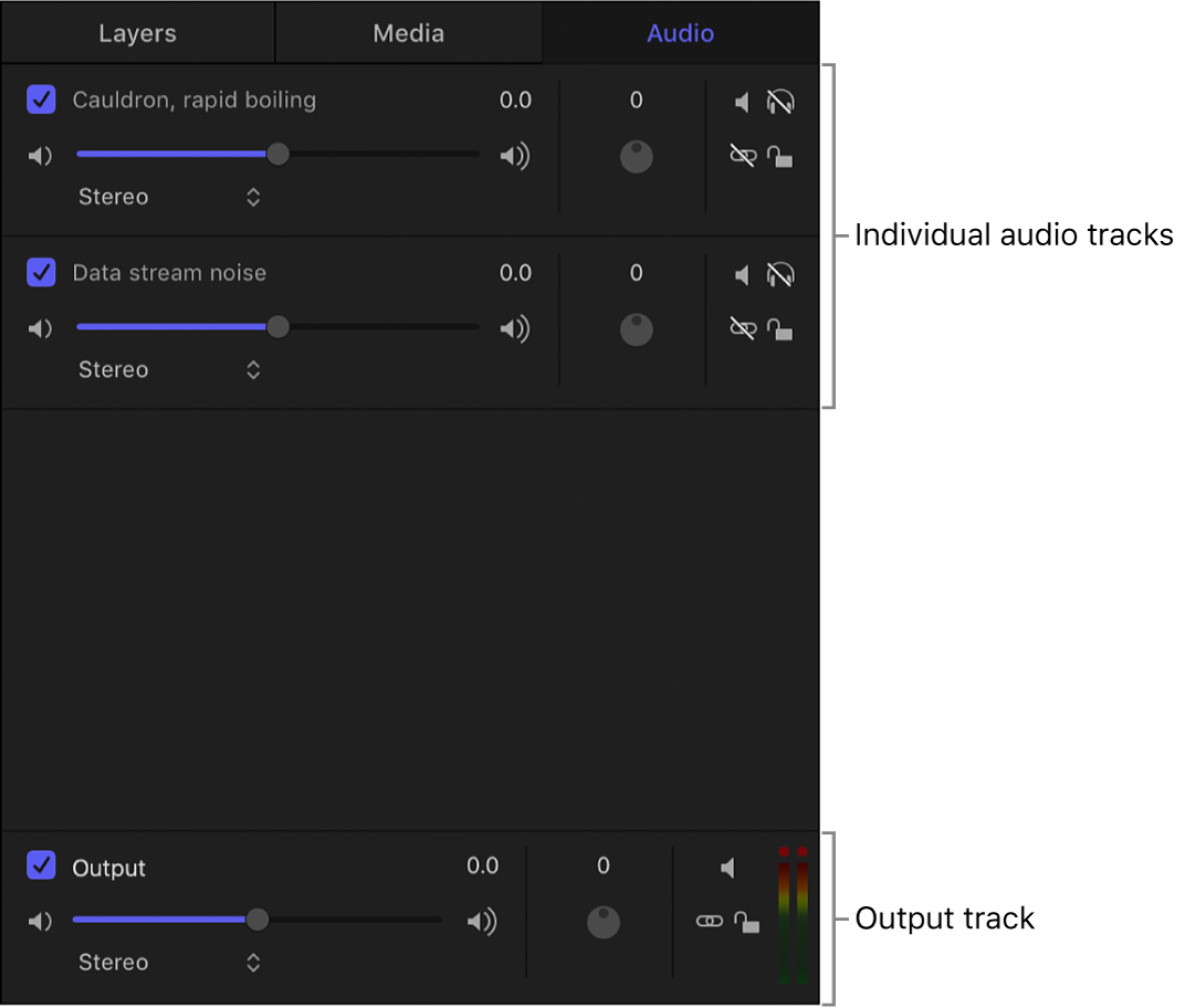 Panel del proyecto con la lista Audio