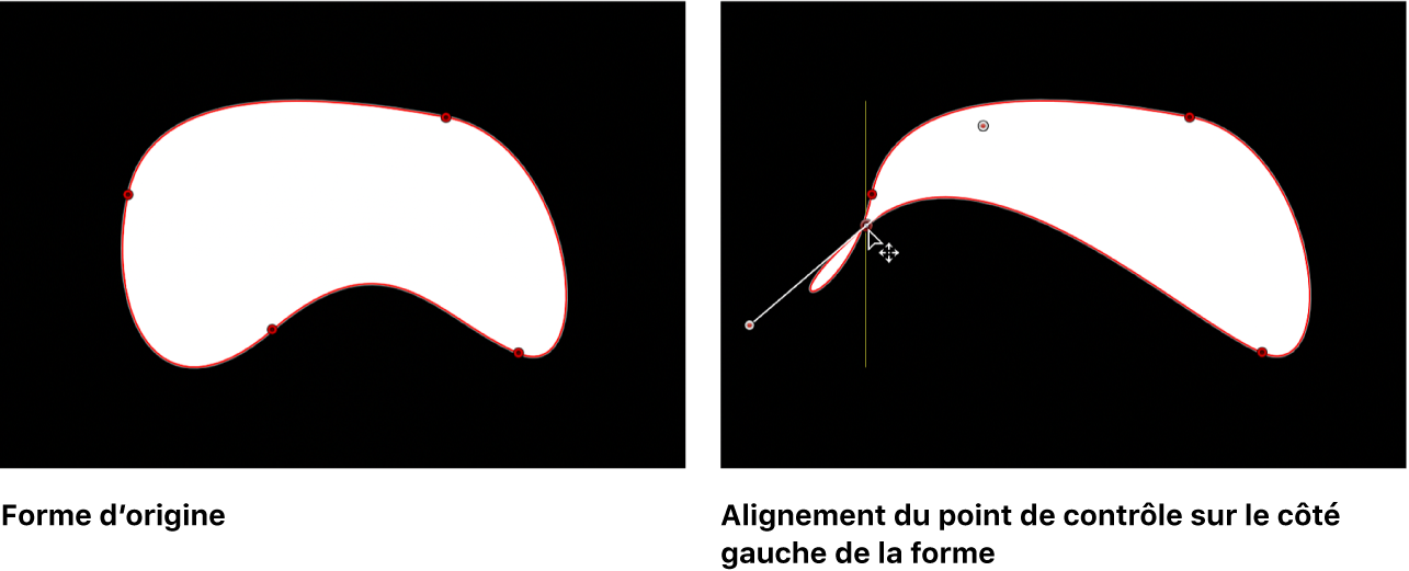 Canevas affichant une forme de Bézier avec un guide apparaissant lorsqu’un point de contrôle est aligné sur un autre point de contrôle sur la même forme