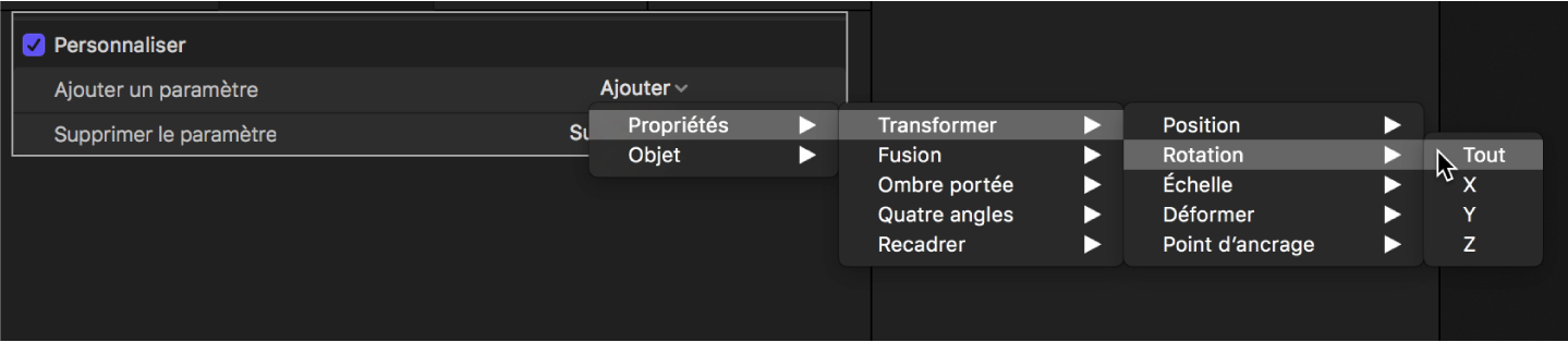 Inspecteur de comportements affichant un paramètre ajouté au comportement Personnaliser depuis le sous-menu Propriétés > Transformer > Position