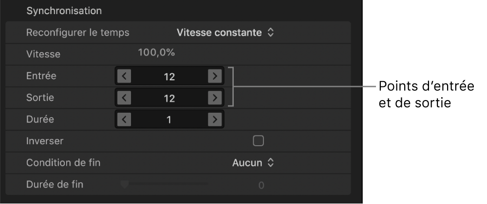 Paramètres Point d’entrée et Point de sortie dans les commandes Synchronisation au sein de l’inspecteur des propriétés