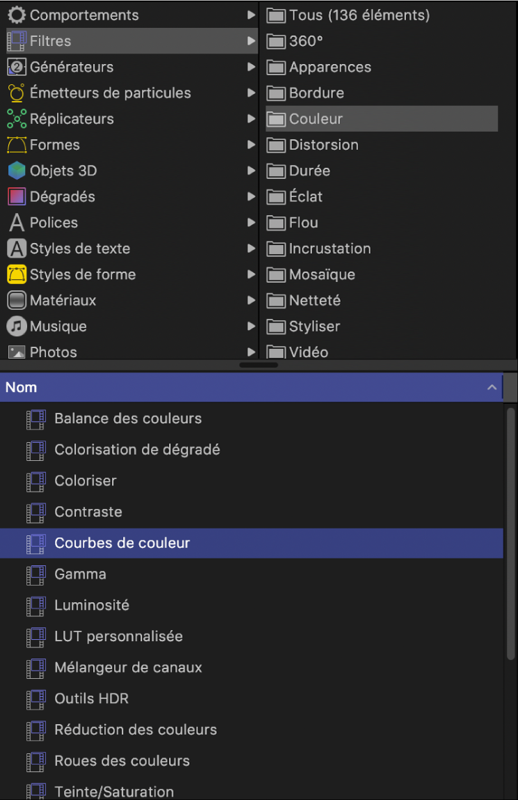 Catégorie de couleur sélectionnée dans la bibliothèque des filtres