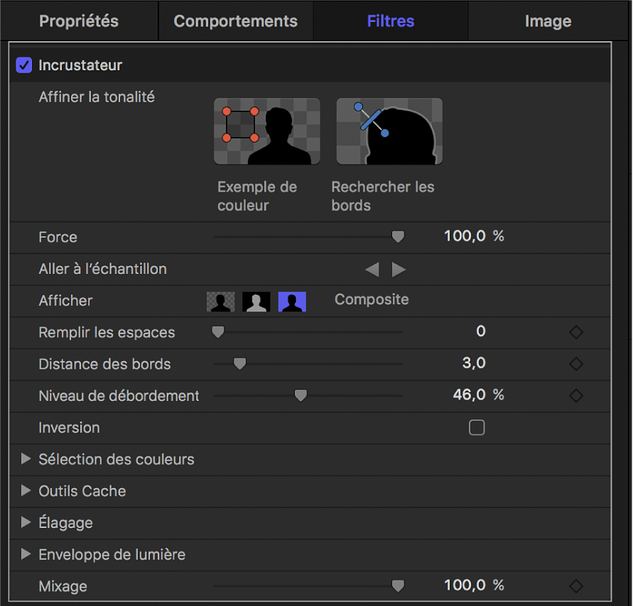 Paramètres du filtre Incrustateur