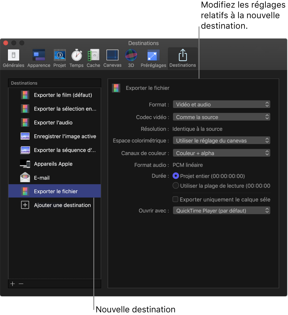 Fenêtre Préférences de Motion affichant la sous-fenêtre Destinations avec la destination « Exporter le fichier » sélectionnée dans la liste Destinations de gauche et les réglages correspondants affichés à droite