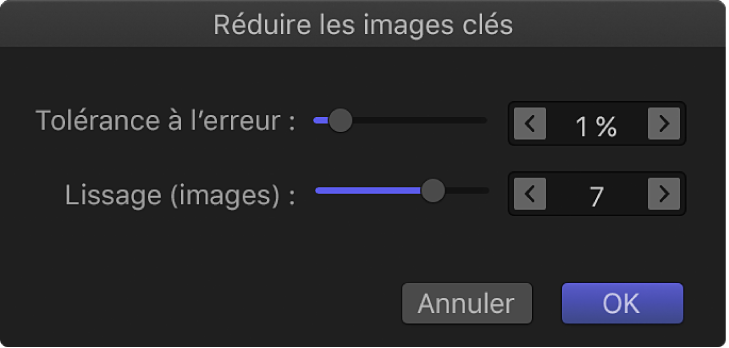 Zone de dialogue « Réduire les images clés »