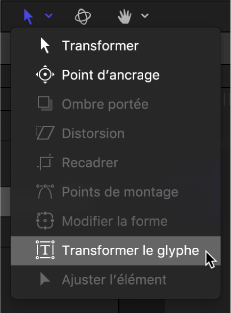 Sélection de l’outil Transformer le glyphe dans la barre d’outils du canevas