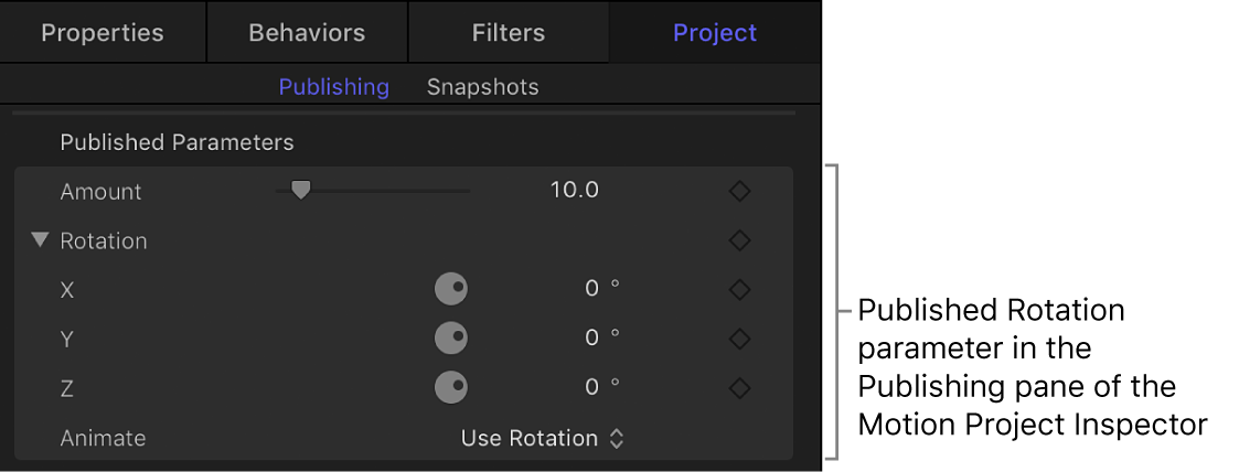 「プロジェクト」インスペクタの「公開」パネルの公開された「回転」パラメータ