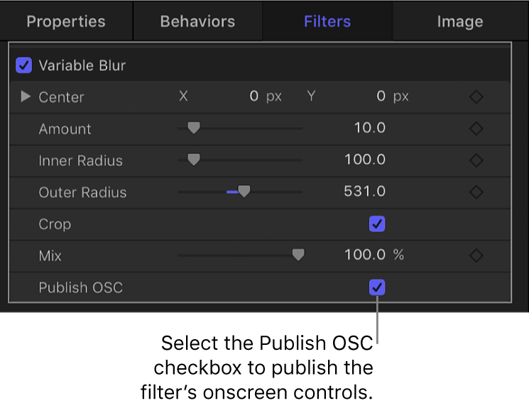 「フィルタ」インスペクタ。「OSCを公開」チェックボックスが表示されています