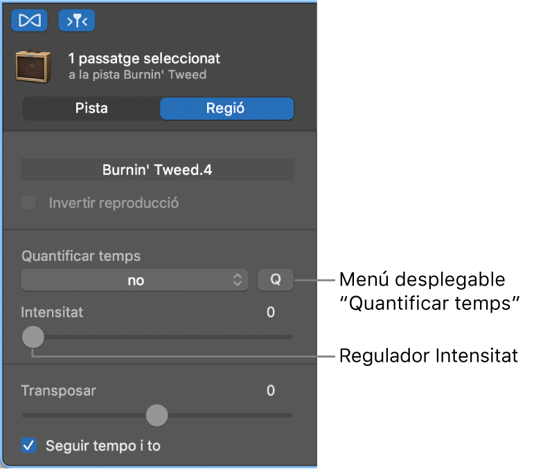 L’inspector de l’editor d’àudio, amb el menú desplegable “Quantificador de temps” i el regulador d’intensitat.