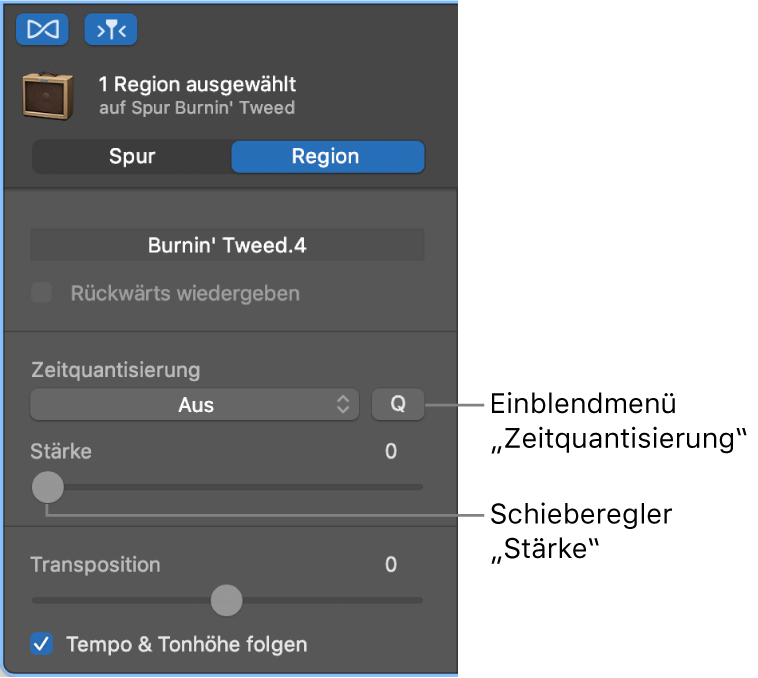 Informationsfenster „Audio-Editor“ mit Einblendmenü „Zeitquantisierung“ und Schieberegler „Stärke“