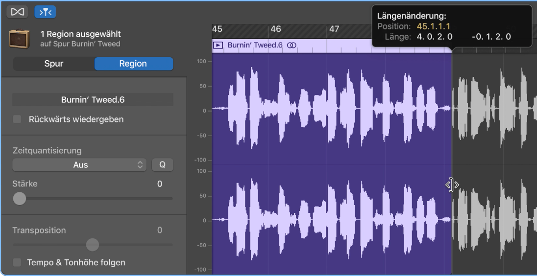 Trimmen einer Region im Audio-Editor. Hierbei werden Trimmzeiger und Info-Text angezeigt.