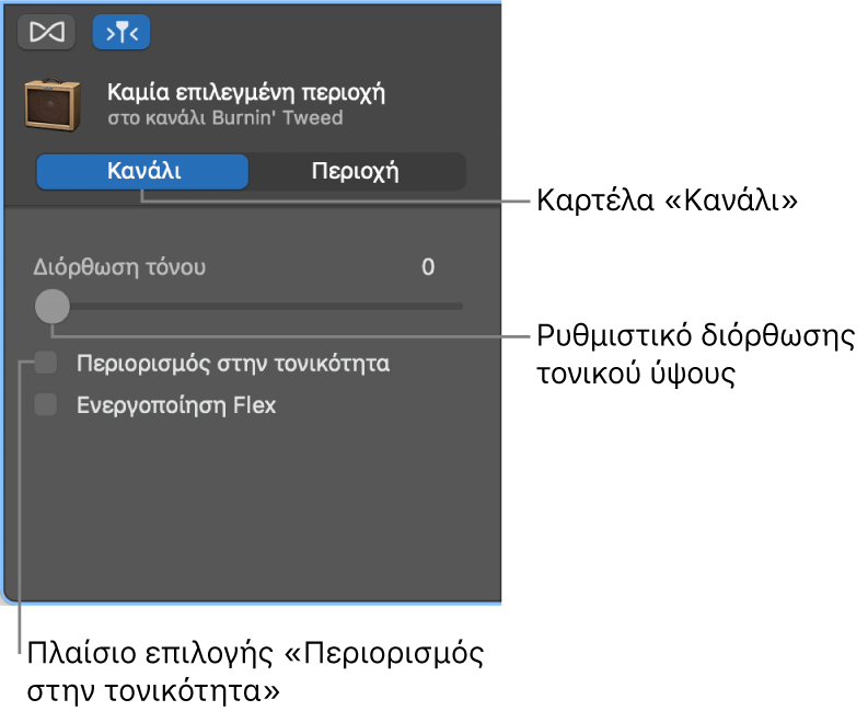 Επιθεωρητής του Προγράμματος επεξεργασίας ήχου στη λειτουργία Καναλιού όπου φαίνονται το ρυθμιστικό Διόρθωσης τονικού ύψους και το πλαίσιο επιλογής «Περιορισμός στην τονικότητα».