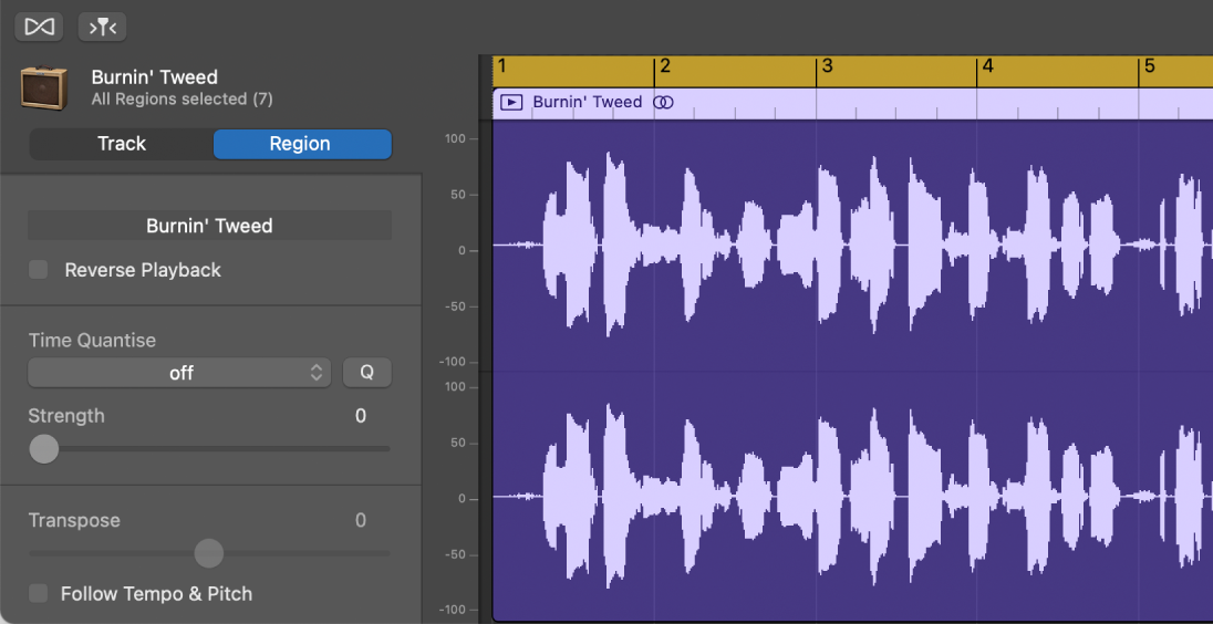 Audio Editor inspector showing Region controls.