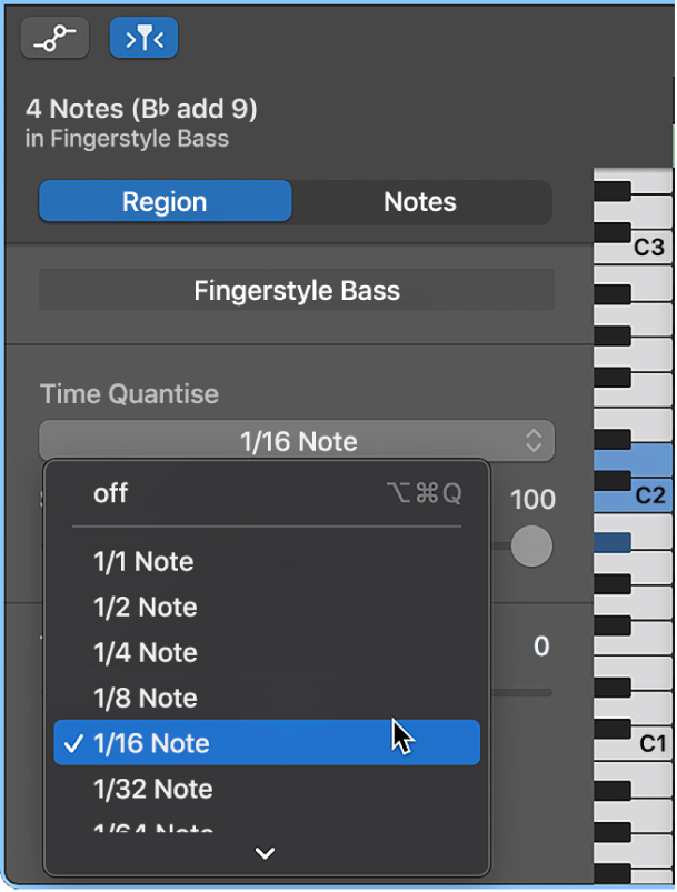 Choosing a value from the Time Quantize pop-up menu in the Piano Roll Editor inspector.