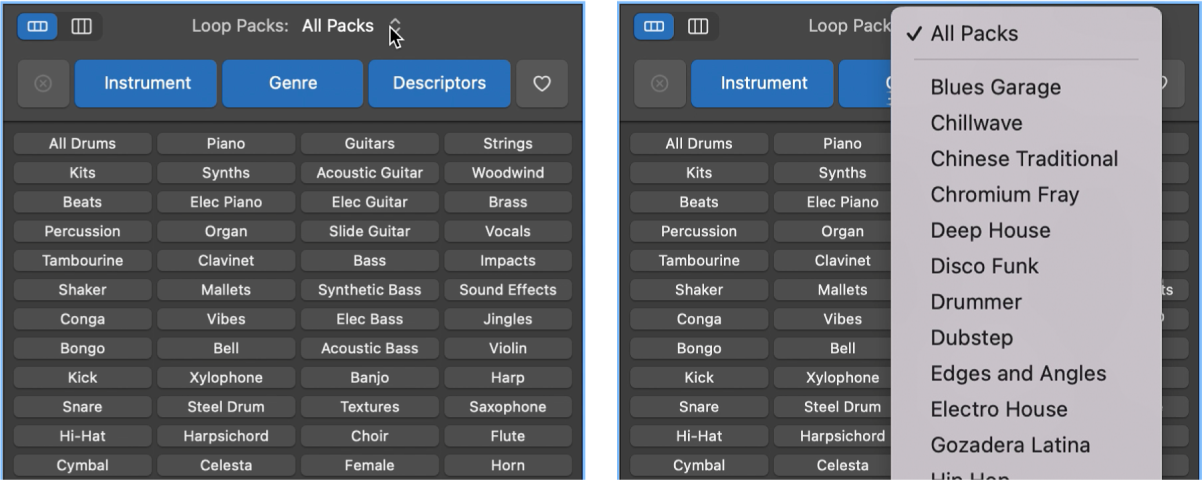 Showing the open Loops pop-up menu.