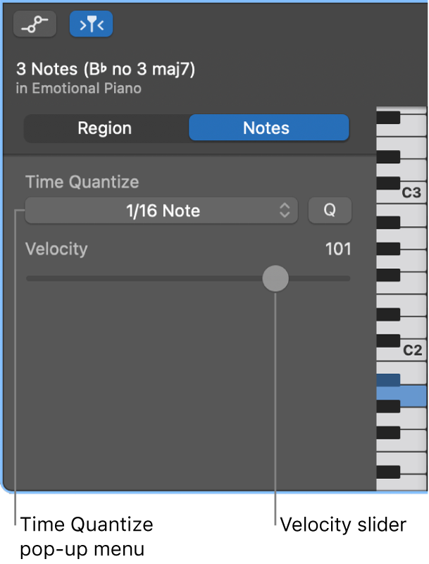 Piano Roll Editor inspector in Notes mode, showing controls.