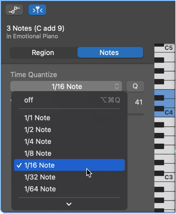 Choosing a value from the Time Quantize pop-up menu in the Piano Roll Editor inspector.