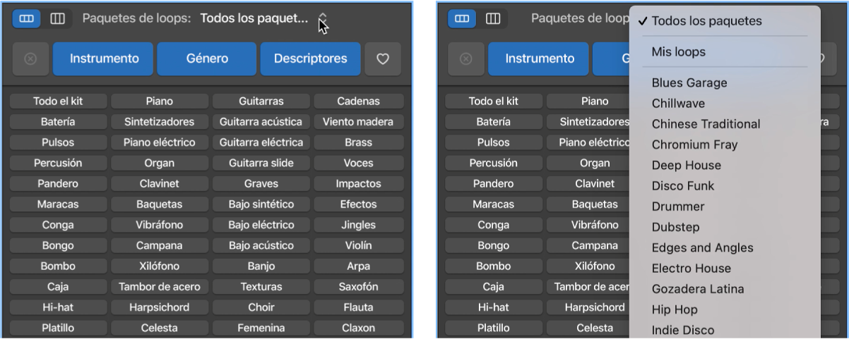 Se muestra el menú desplegable Bucles.