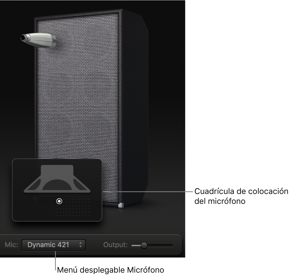 Área de la caja de Bass Amp Designer en la que se ve el menú Mic y la parrilla de colocación del micrófono.