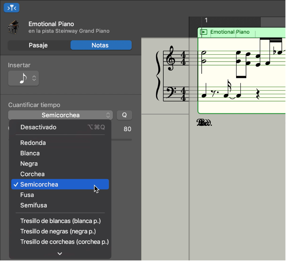 Se está seleccionando un valor en el menú desplegable “Cuantizar tiempo” del editor de partituras.