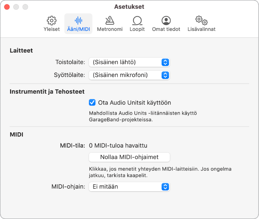 Ääni/MIDI-asetukset.