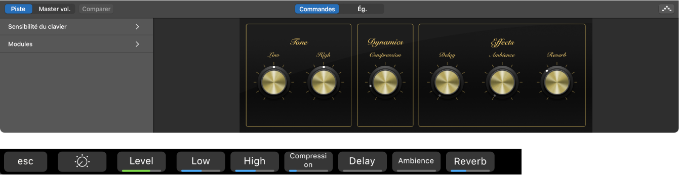 Figure. Smart Controls pour une piste d’instrument logiciel et raccourcis dynamiques des Smart Controls pour cet écran.