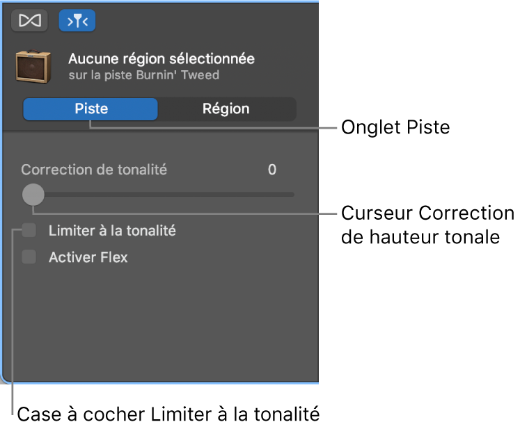 Curseur Correction de tonalité et case Limiter à la tonalité dans l’inspecteur de l’éditeur audio en mode Piste.