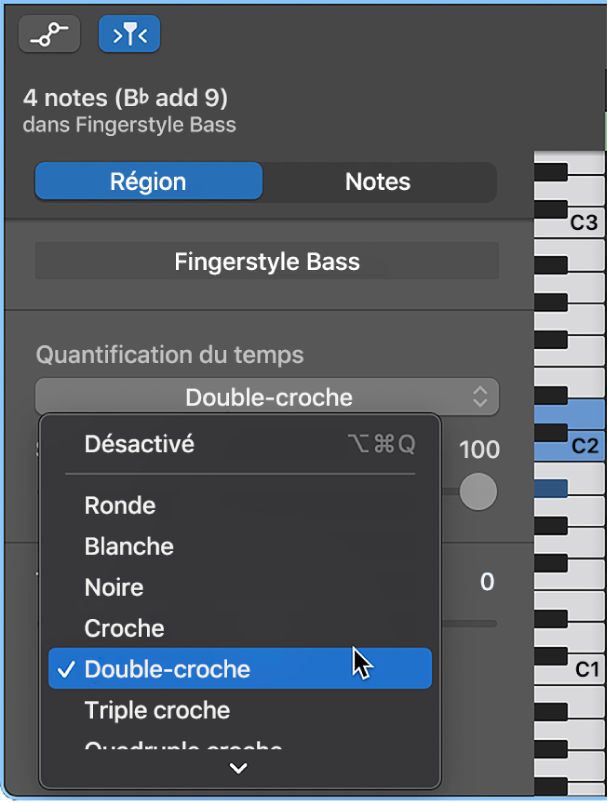 Sélection d’une valeur dans le menu local Quantification du temps dans l’inspecteur de l’éditeur de partition défilante.