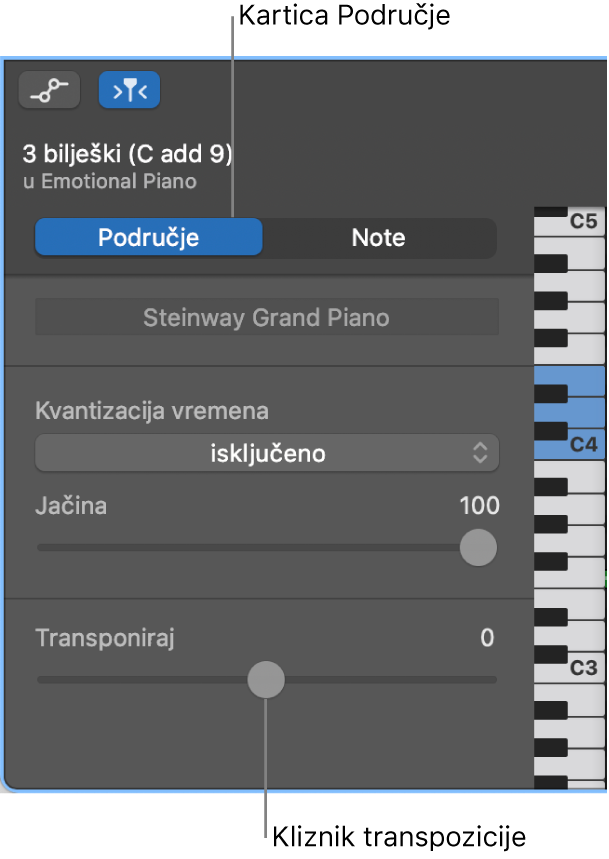 Inspektor Urednika nota klavijature, prikazuje karticu Područje i kliznik transpozicije.