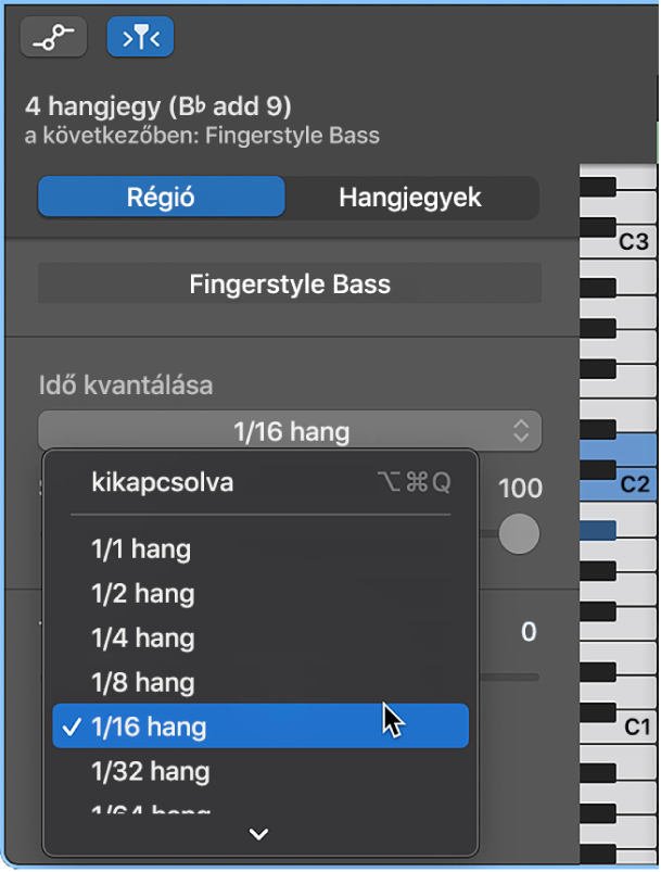 Egy érték kiválasztása az Időkvantálás előugró menüből a Zongoratekercs-szerkesztő vizsgálójában.