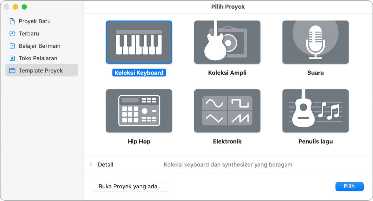 Pemilih Proyek yang menampilkan template Proyek Baru.