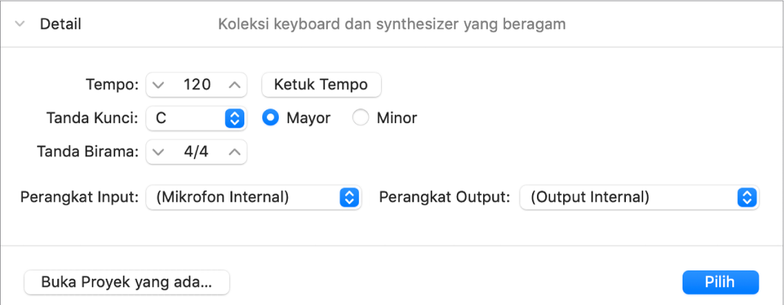 Area detail Pemilih Proyek dibuka, yang menampilkan parameter