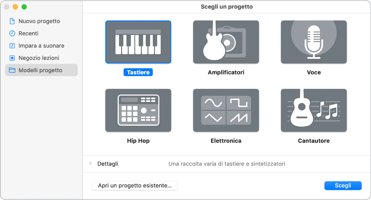 Selettore progetto con modelli “Nuovo progetto”.