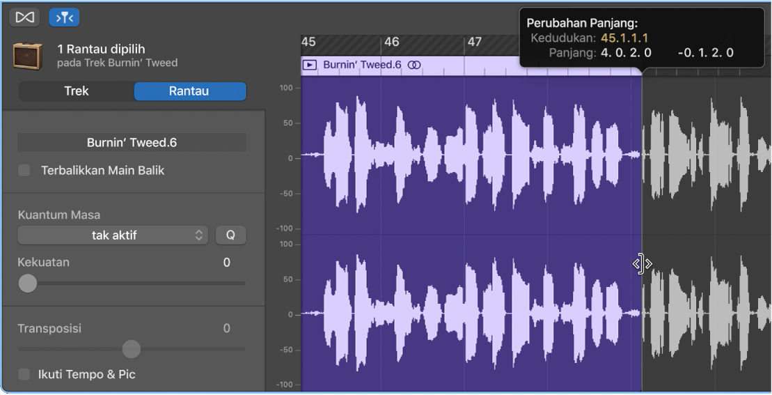 Memangkas rantau dalam Editor Audio, menunjukkan penuding Pangkas dan tag Bantuan.