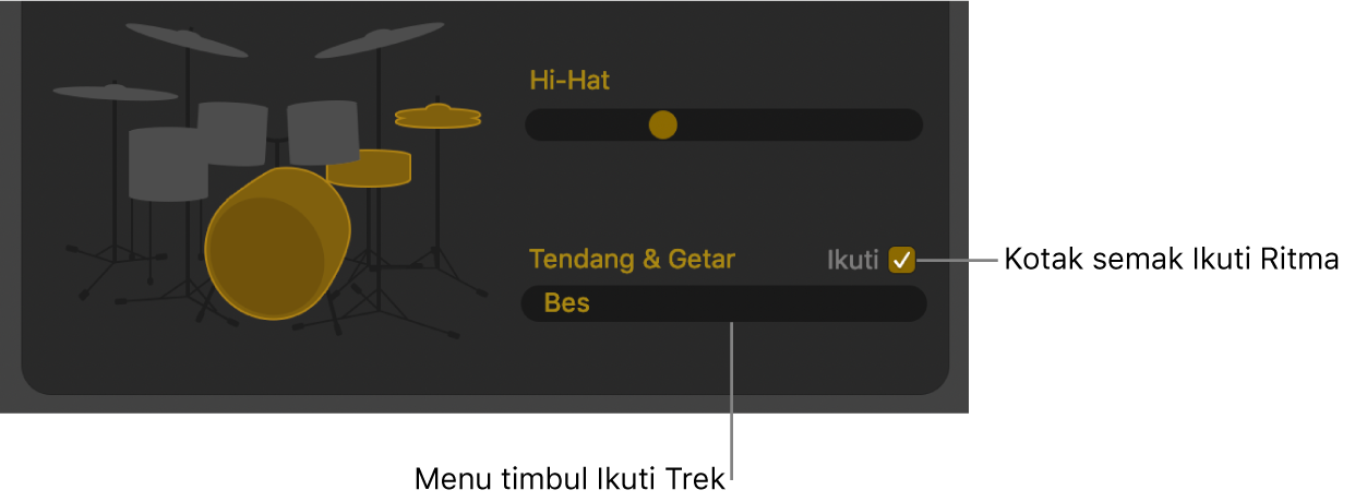 Editor Drummer menunjukkan kotak semak Ikuti Ritma dan Ikuti Trek.