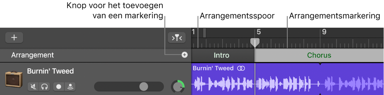 Arrangementsspoor met knop voor het toevoegen van een markering en een arrangementssegment.