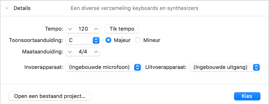 Detailgebied van de projectkiezer met parameters.